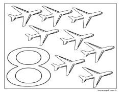 8 uçak ile 8 numara Boyama Sayfası