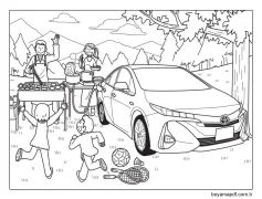 Aile ve Toyota arabası Boyama Sayfası