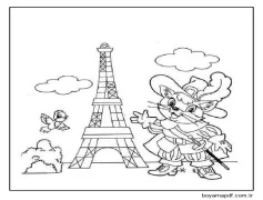 Eyfel Kulesi'nin Önünde Çizmeli Kedi Boyama Sayfası