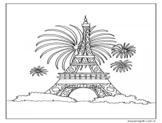 Eyfel Kulesi ve havai fişekler Boyama Sayfası