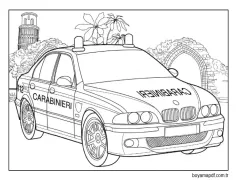 Harabelerin arka planında BMW polis arabası Boyama Sayfası