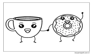 Kawaii Kahve ve Donut Boyama Sayfası