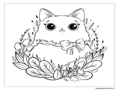 Papyonlu ve Yapraklı Kedi Boyama Sayfası