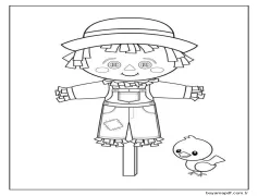 Sevimli Korkuluk ve Küçük Kuş Boyama Sayfası