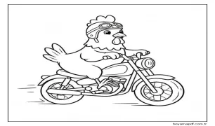 Tavuk Motosiklet Biniyor Boyama Sayfası