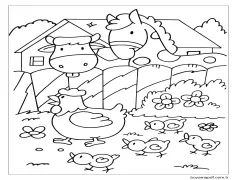 Tavuklar ile Inekler ve Atlar Boyama Sayfası