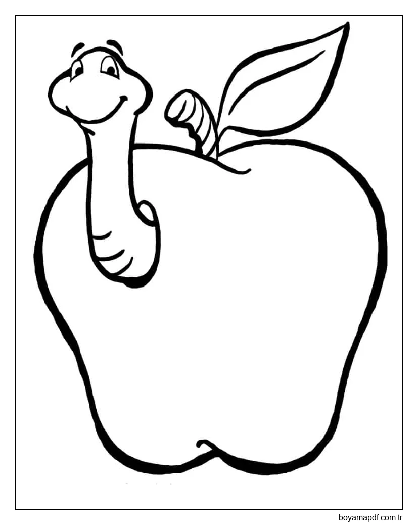 Apple'da Mutlu Solucan Çizimi Boyama Sayfası