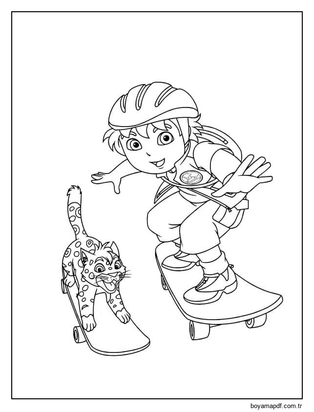 Bebek Jaguar ve Diego kaykay Oynuyor Boyama Sayfası