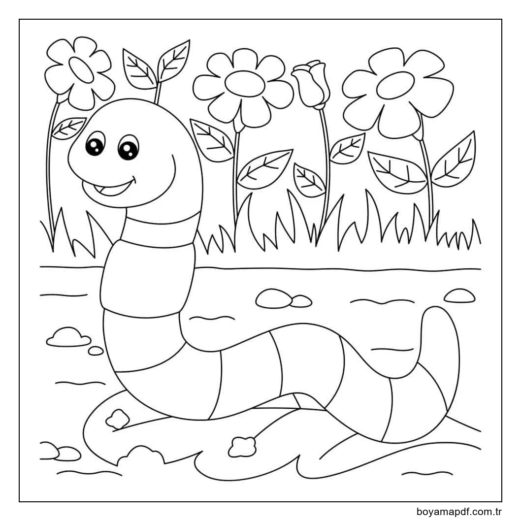 Çiçekli Eğlenceli Solucan Boyama Sayfası