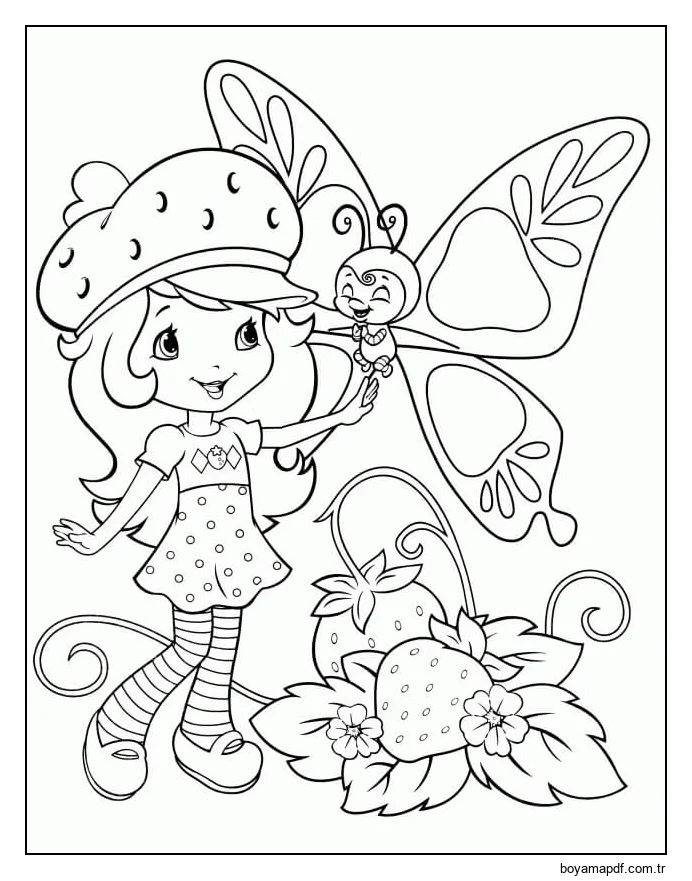 Çilek Kız Ve Kelebek Boyama Sayfası