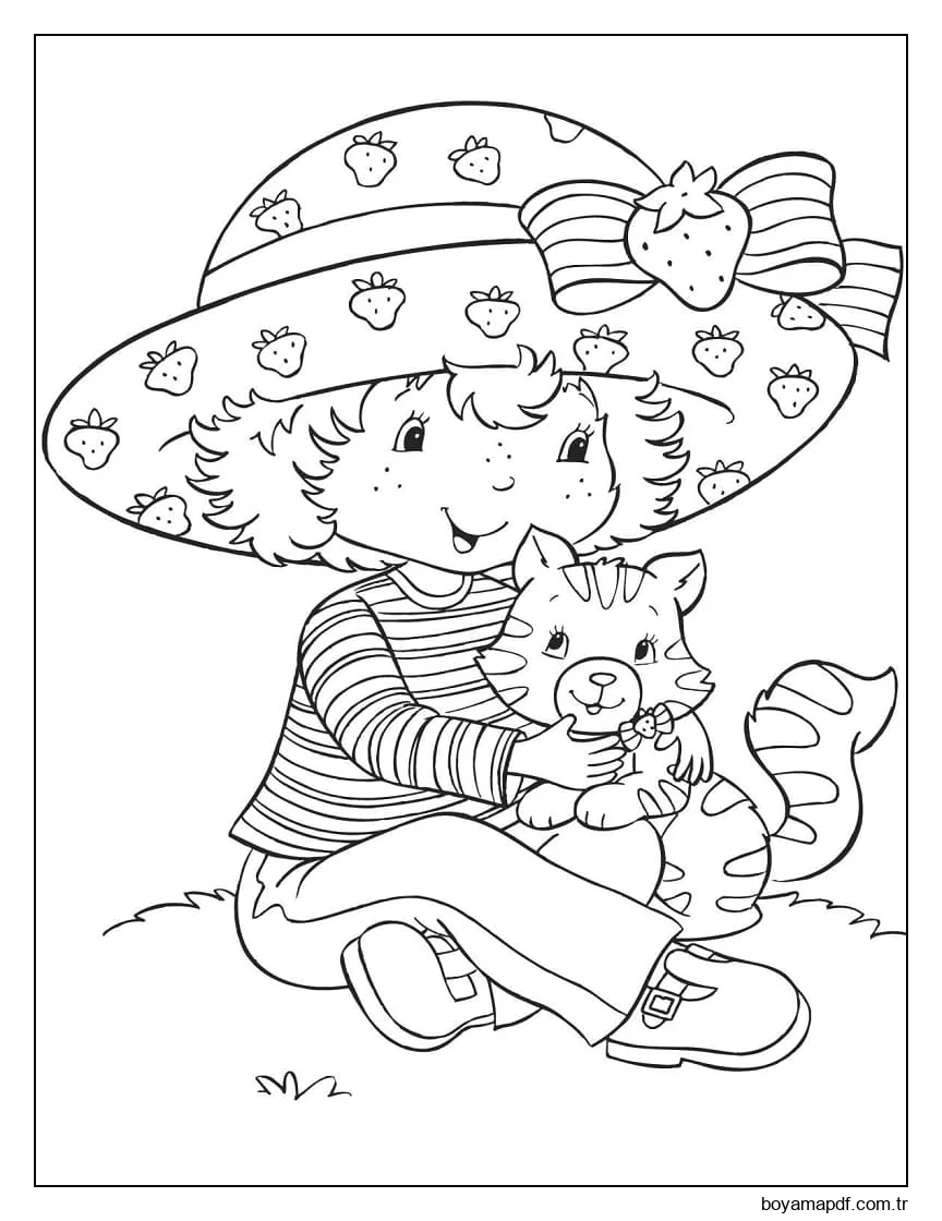 Çilekli Pasta ve Kedi Boyama Sayfası