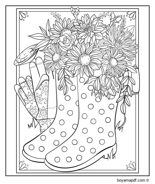 Çizmelerde Çiçekler Boyama Sayfası