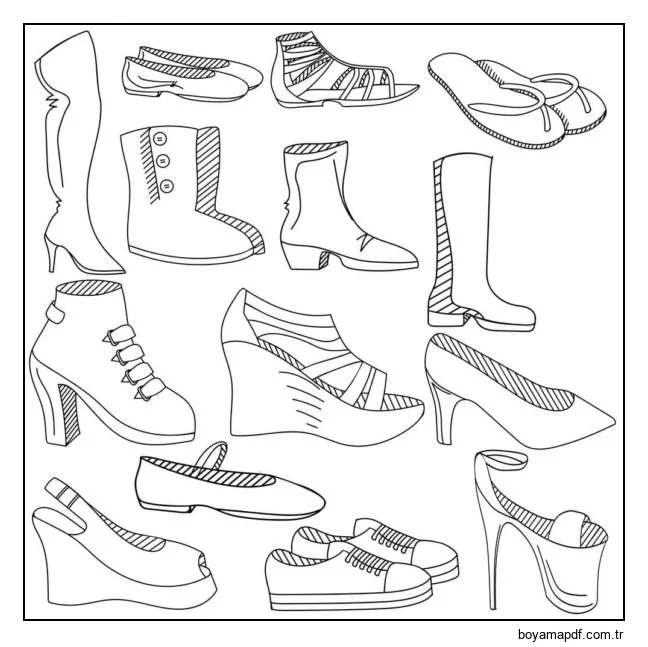 Çok çeşitli kadın ayakkabısı. Boyama Sayfası