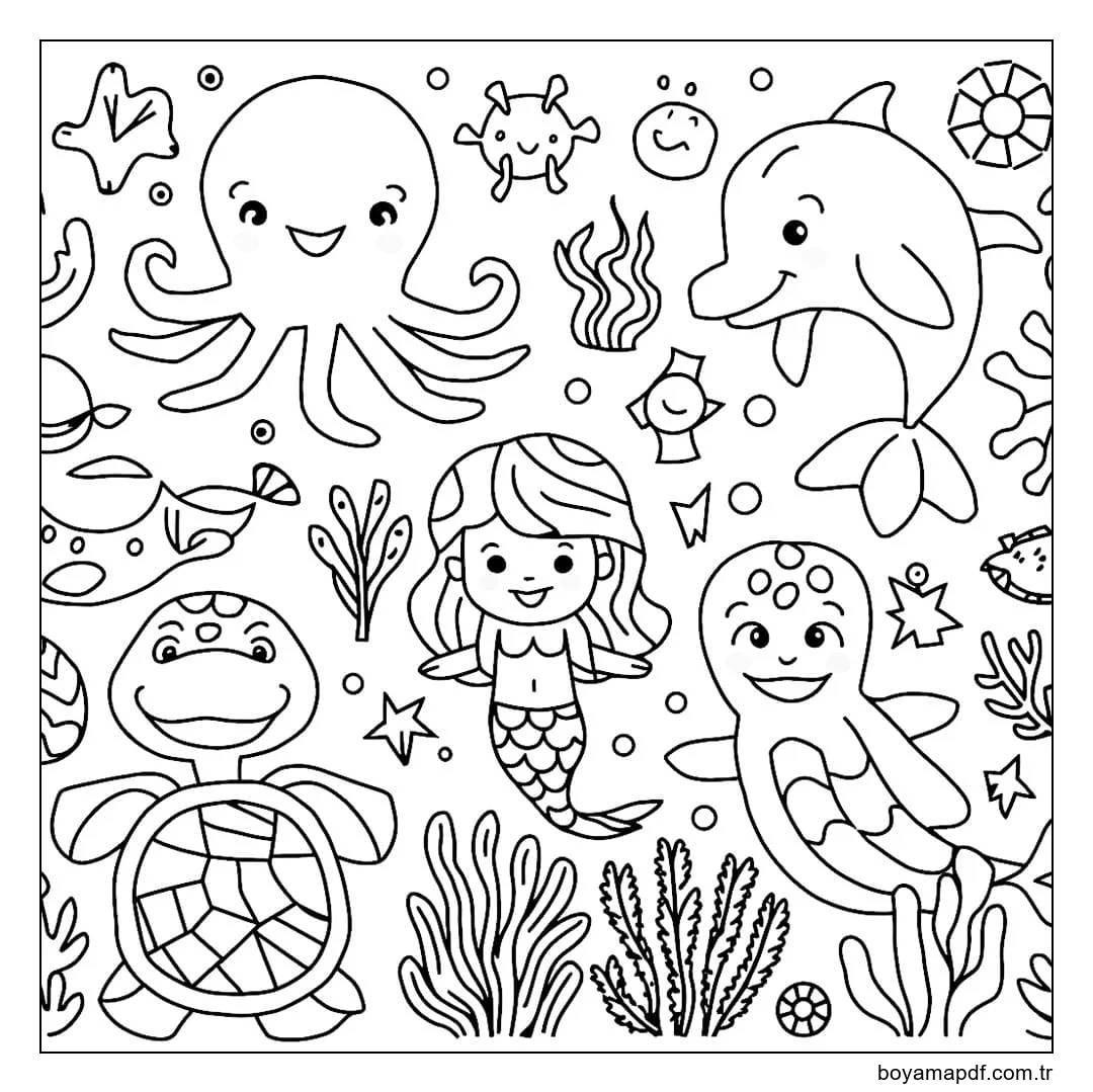 Deniz hayvanları ve deniz kızları Boyama Sayfası