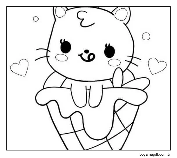 Dondurmada Kawaii Kedisi Boyama Sayfası
