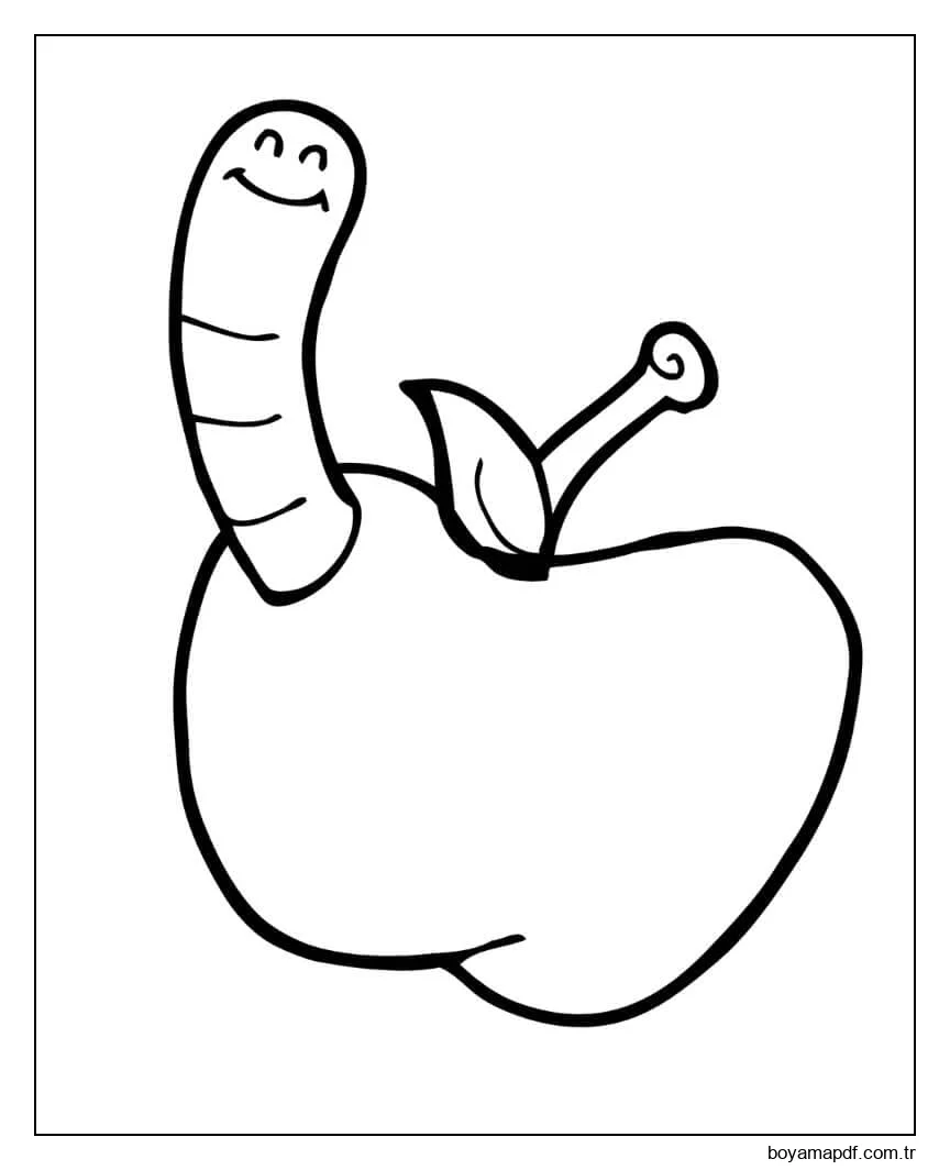 Elmadaki Gülümseyen Solucan Boyama Sayfası