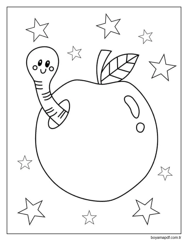 Elmadaki Yıldızlarla Sevimli Solucan Boyama Sayfası