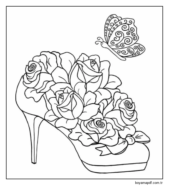 Gül tomurcukları kadın ayakkabılarını süslüyor. Boyama Sayfası