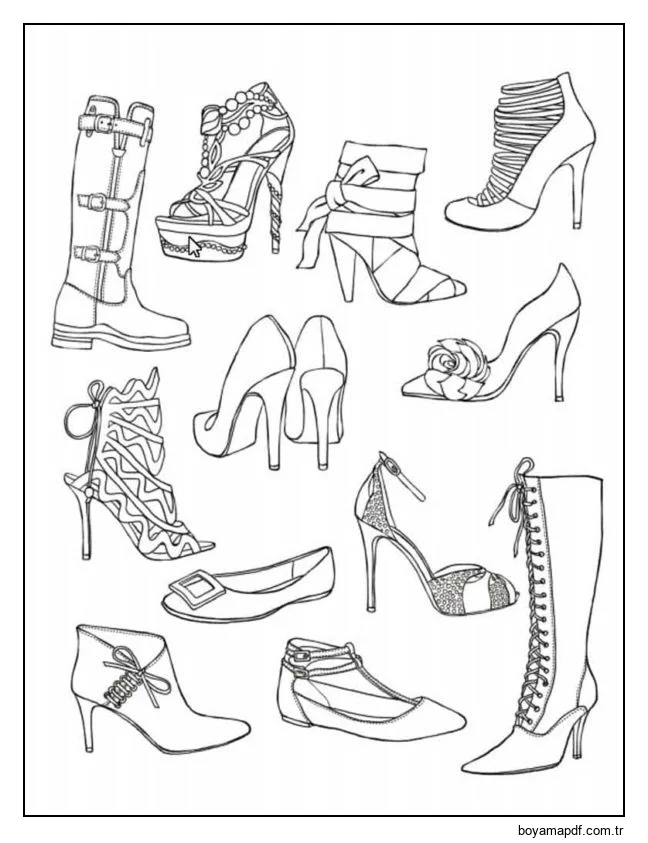 Kadın ayakkabı koleksiyonu. Boyama Sayfası