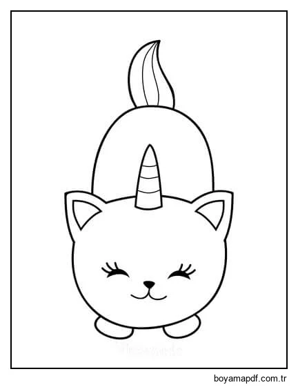 Kedi Tek Boynuzlu Gülümseyen Kawaii Boyama Sayfası