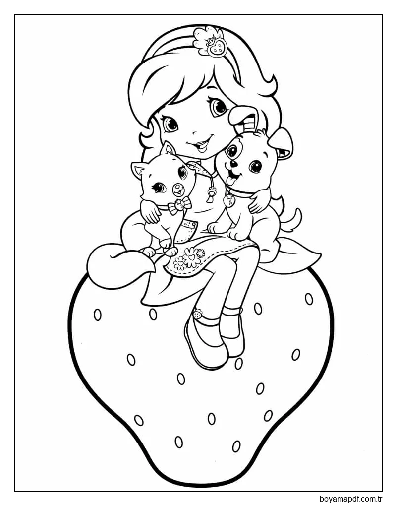 Köpek Ve Kedi ile Çilek Kız Boyama Sayfası