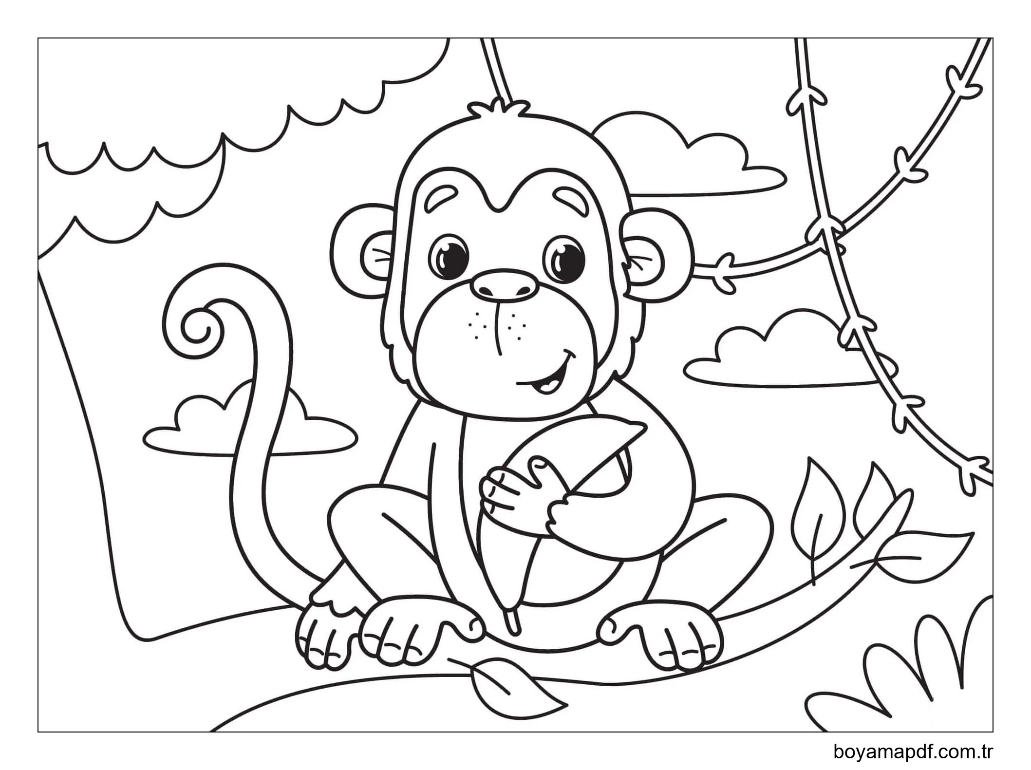 Muz Dalında Ağaç Tutan Maymun Boyama Sayfası