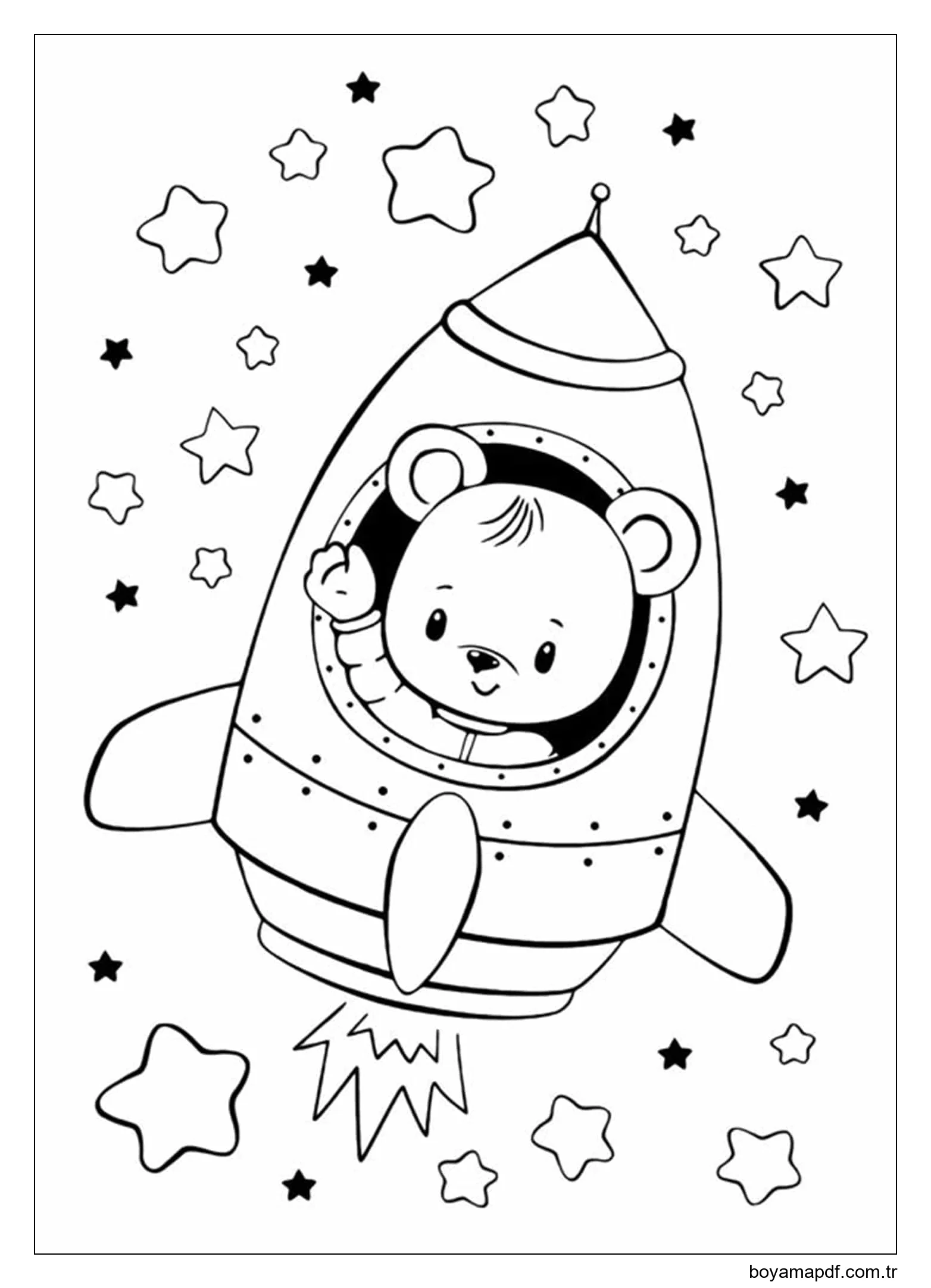 Roket üzerinde Kawaii Ayı Boyama Sayfası