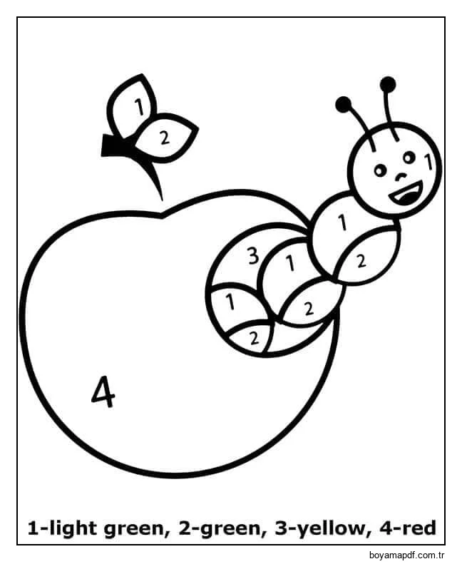 Sayıya Göre Elma Rengindeki Solucan Boyama Sayfası