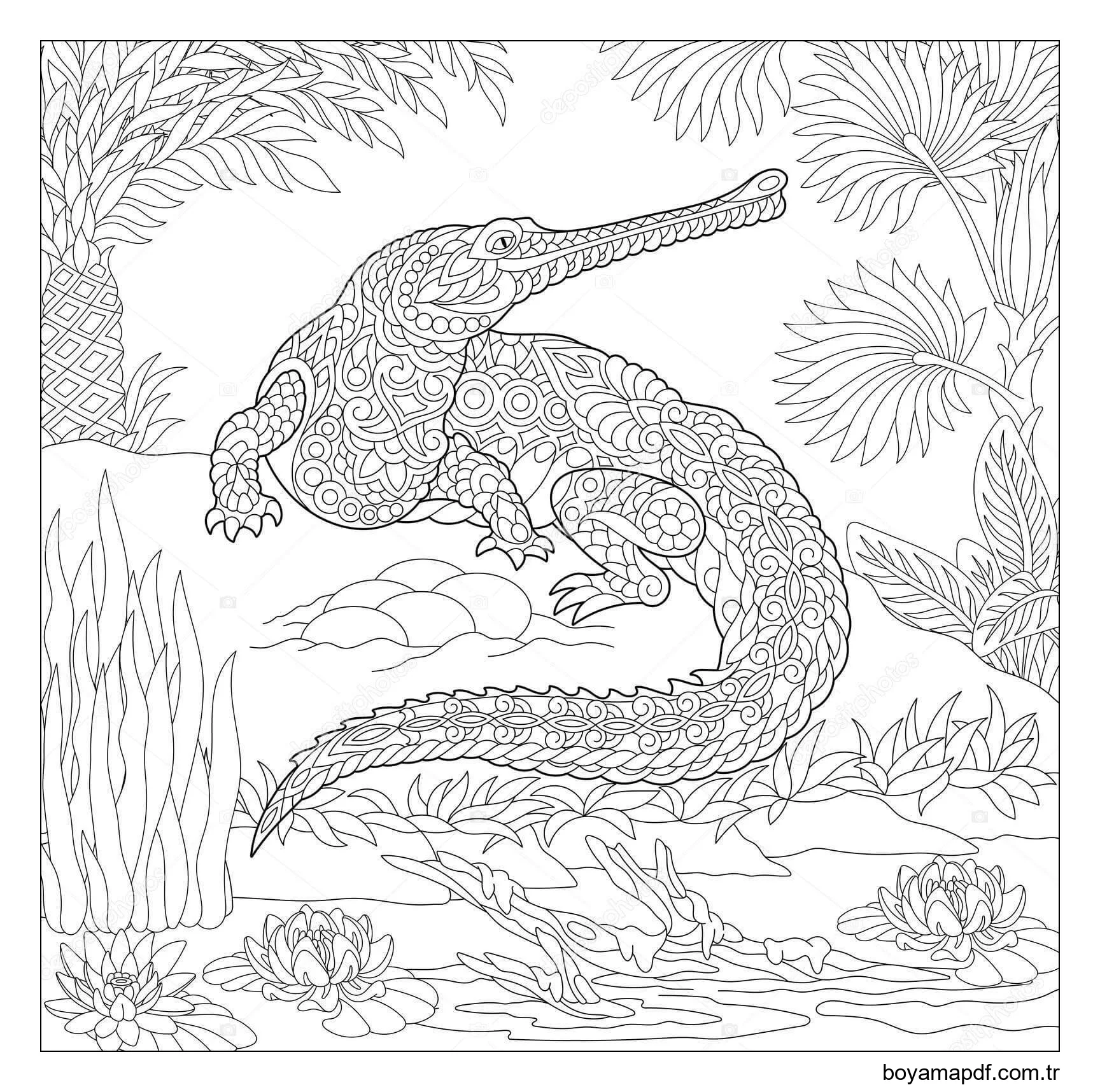 Timsah Gharial Zentangle Boyama Sayfası