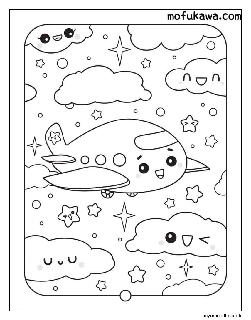 Uçak ve Bulut Kawaii Boyama Sayfası