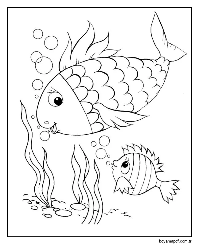 Annesiyle birlikte küçük balık karakter çizimi
