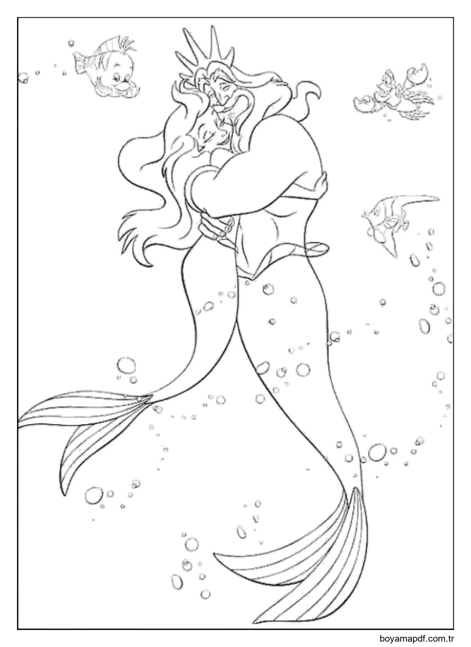 Aquaman Deniz Kızı Ariel'e Sarılıyor Boyama Sayfası