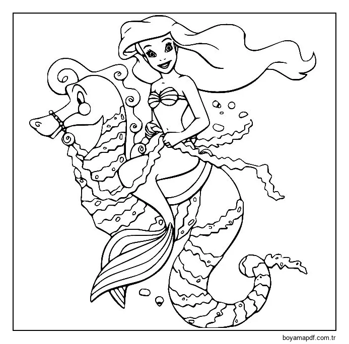 Ariel Büyük Bir Deniz Atının Üzerinde Oturuyor Boyama Sayfası