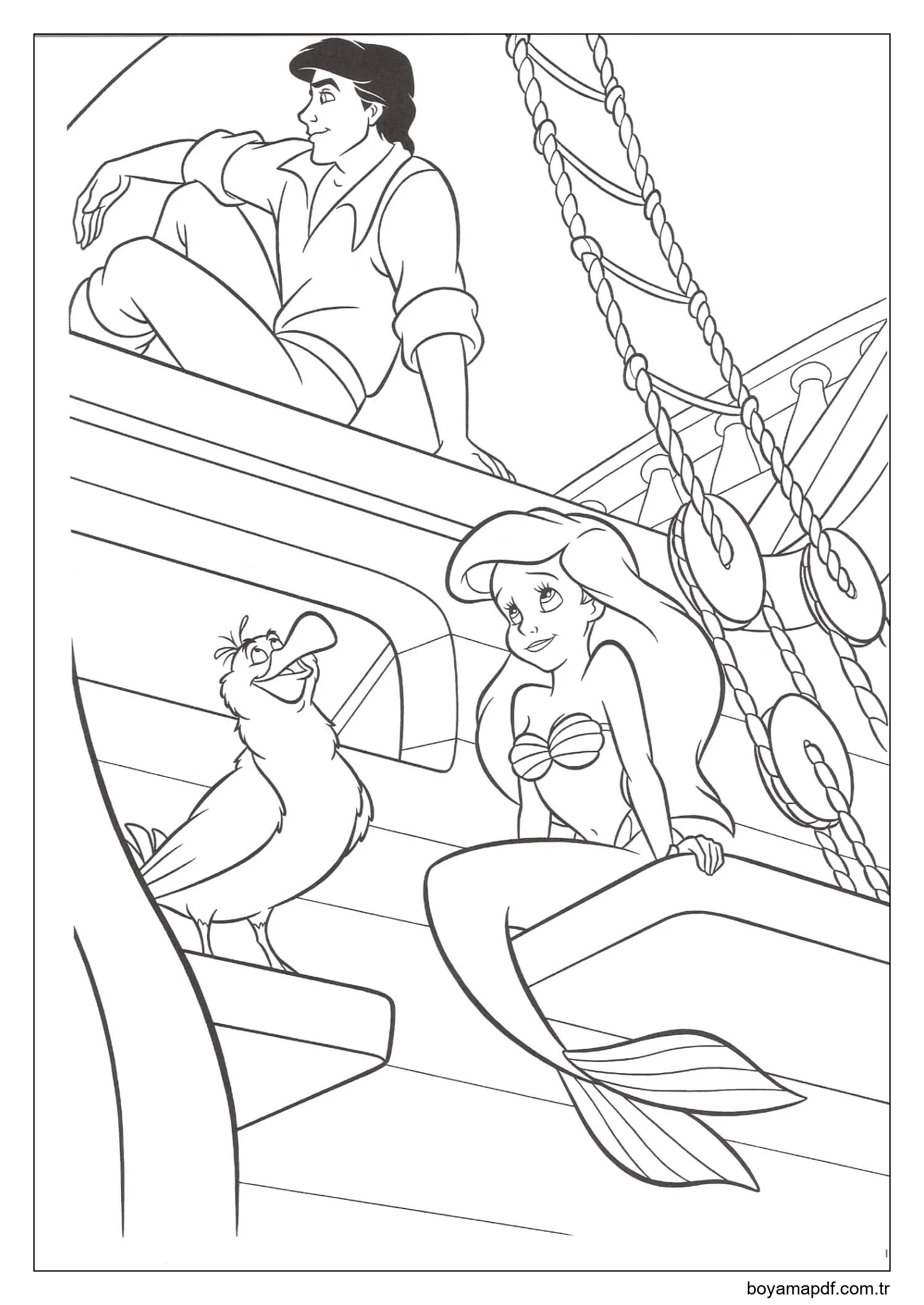 Ariel ve Eric, Teknedeki Papağanla Boyama Sayfası