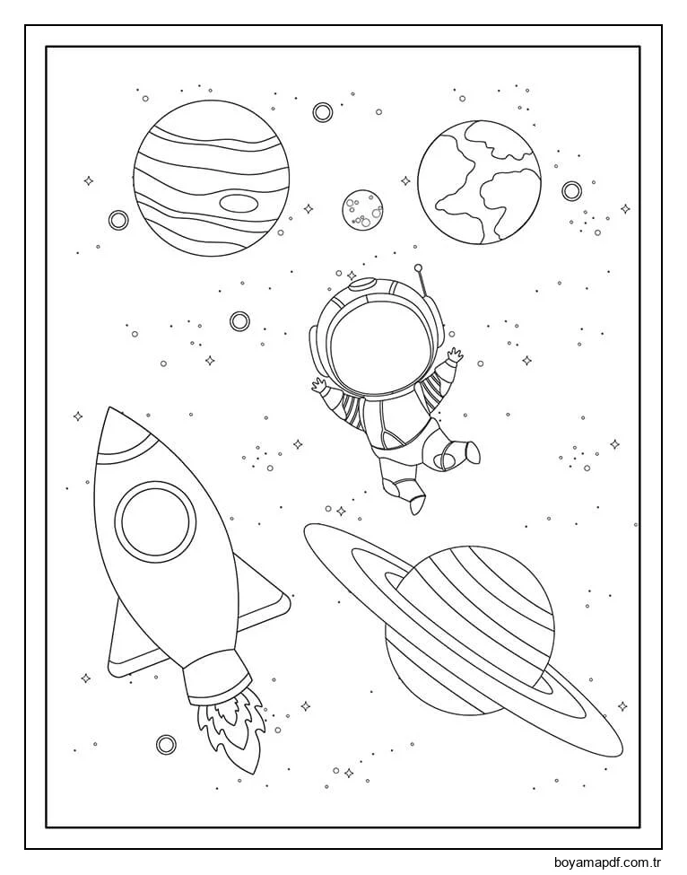 Astronot ve Gezegenler ile Uzay Gemisi karakter çizimi