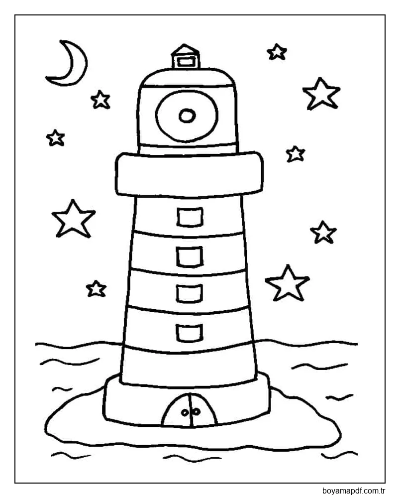 Ay ve yıldızlarla deniz feneri karakter çizimi