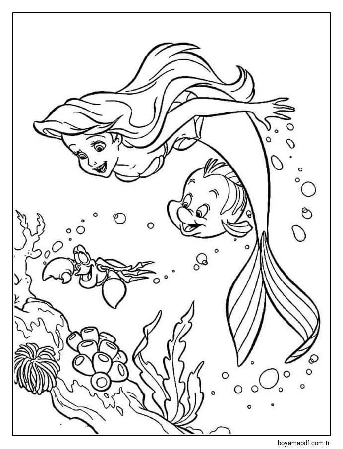 Balık ve Yengeç ile Yüzme Deniz Kızı Ariel Boyama Sayfası
