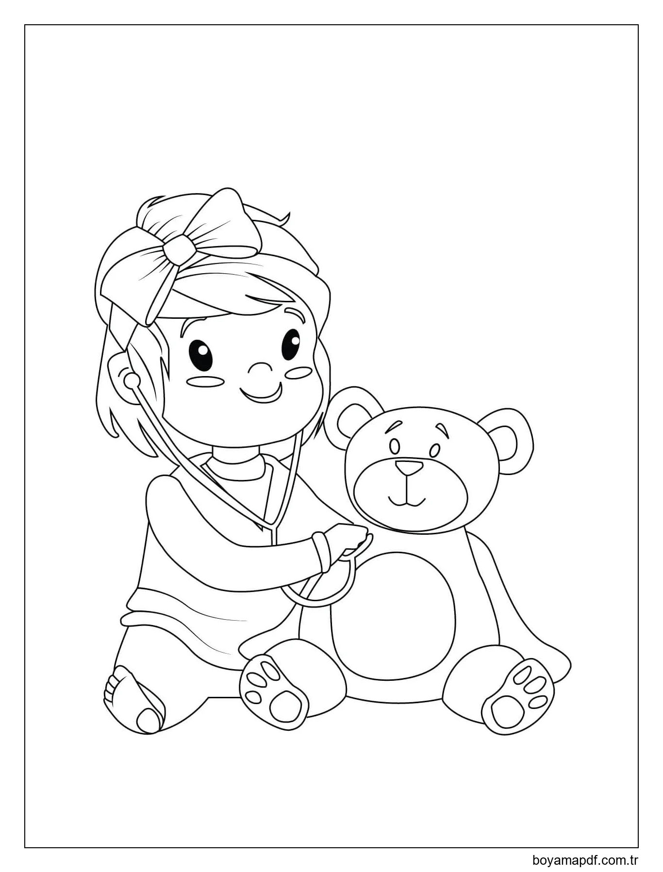 Bebek kız Doktor Oyuncak ayı Inceliyor Boyama Sayfası