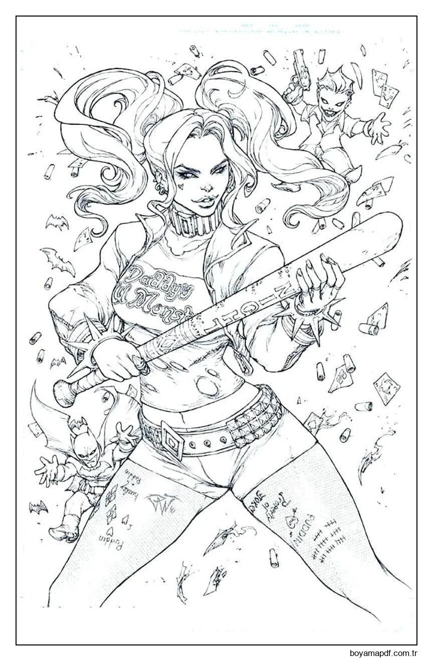 Beyzbol Sopasıyla Harley Quinn karakter çizimi