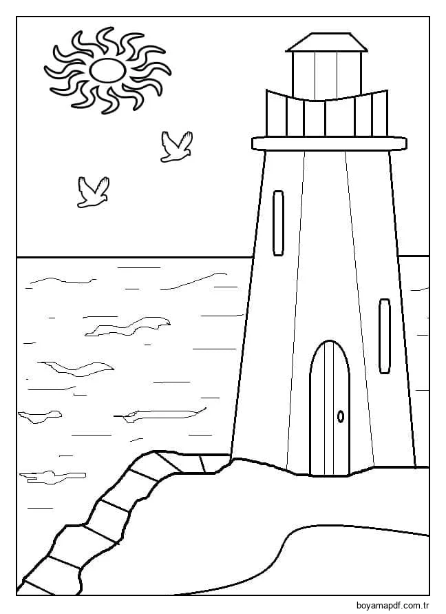 Deniz feneri ve güneş karakter çizimi