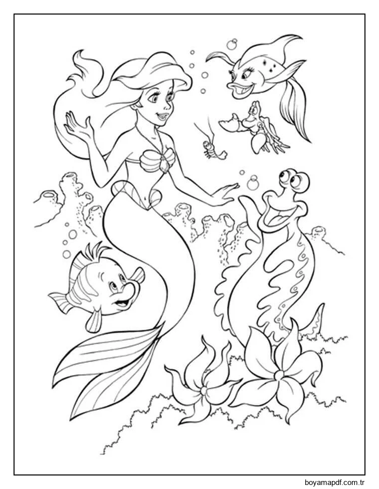 Deniz Hayvanları ile Deniz Kızı Ariel Boyama Sayfası