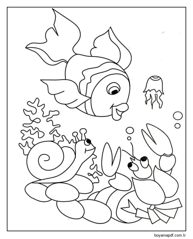 Deniz yaşamı - balık, salyangoz, yengeç ve denizanası karakter çizimi