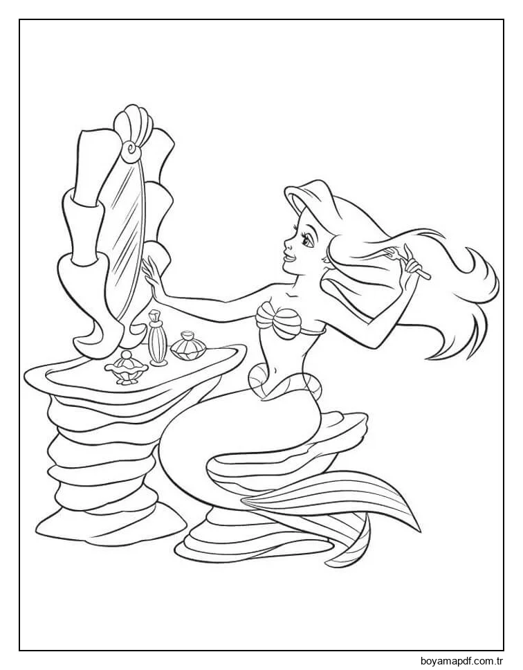 Denizkızı Ariel Aynanın Önünde Saçını Tarıyor Boyama Sayfası
