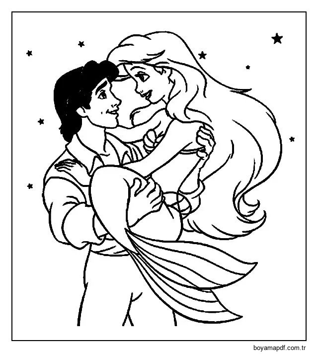Denizkızı Ariel'i Eric'in Kollarında Çizmek Boyama Sayfası