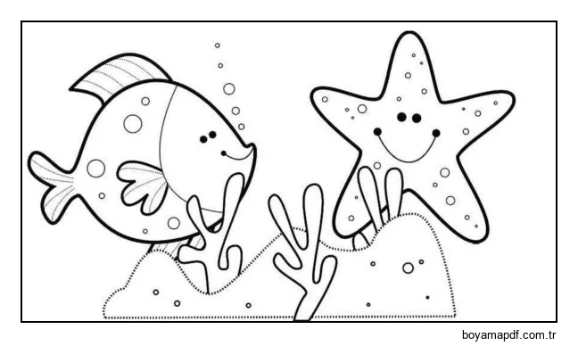 Denizyıldızı ve balık karakter çizimi