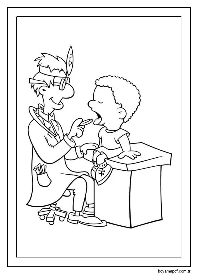 Doktor çocuğun Dilini Inceliyor Boyama Sayfası