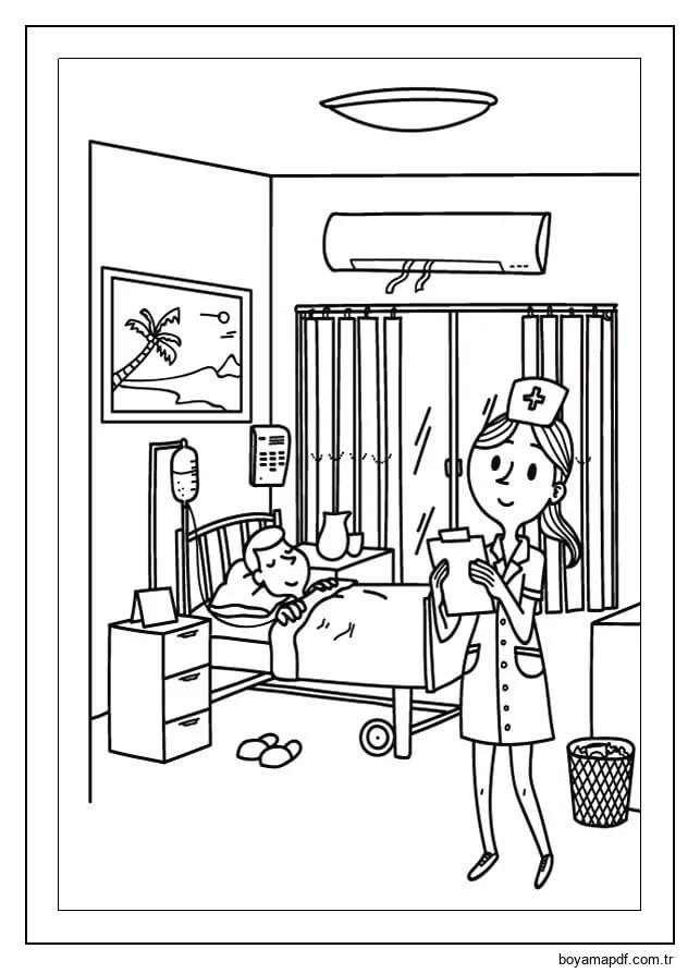 Doktor ve Hasta Hastane Odasında Boyama Sayfası