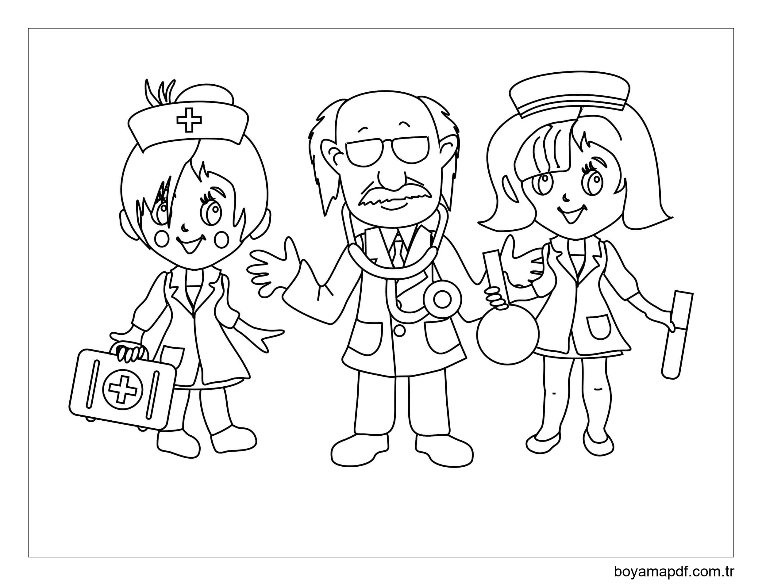 Doktor ve İki Hemşire Boyama Sayfası