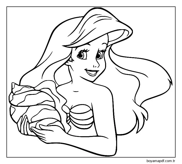 Eğlenceli Ariel Deniz Kabuğu Tutuyor Boyama Sayfası