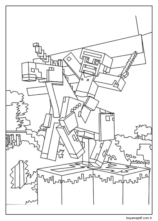 Elinde kılıcı olan iyi gelişmiş bir karakter dağın tepesinde ata biniyor Boyama Sayfası